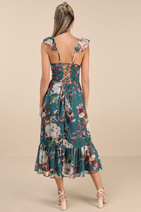 Lulus Jenneth Teal Floral Ruffled Midi Dress In Teal