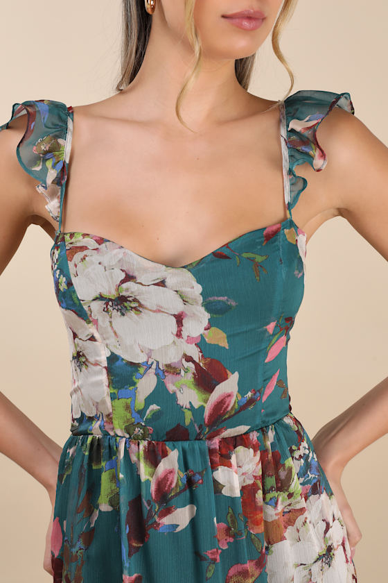 Lulus Jenneth Teal Floral Ruffled Midi Dress In Teal