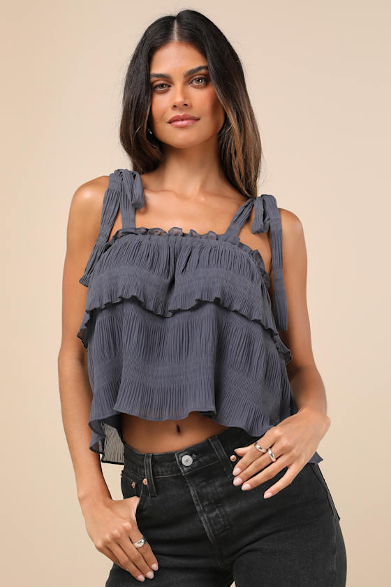 Lulus Tiers To Summer Dark Slate Blue Tie-strap Tiered Tank Top In Slate Blue
