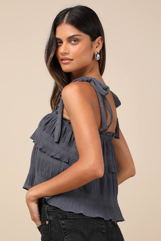 Lulus Tiers To Summer Dark Slate Blue Tie-strap Tiered Tank Top In Slate Blue