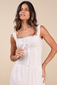 Nerissa White Eyelet Embroidered Ruffled Drop Waist Midi Dress