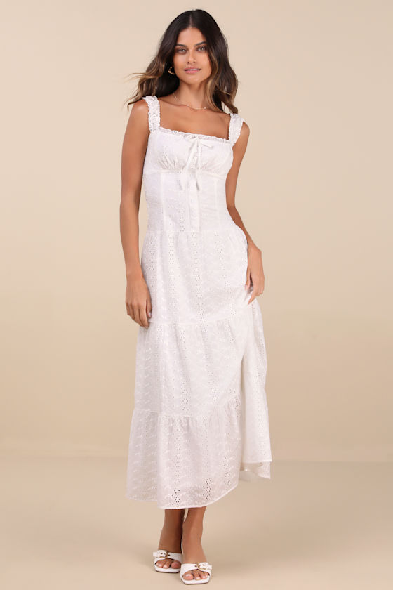 Nerissa White Eyelet Embroidered Ruffled Drop Waist Midi Dress 6