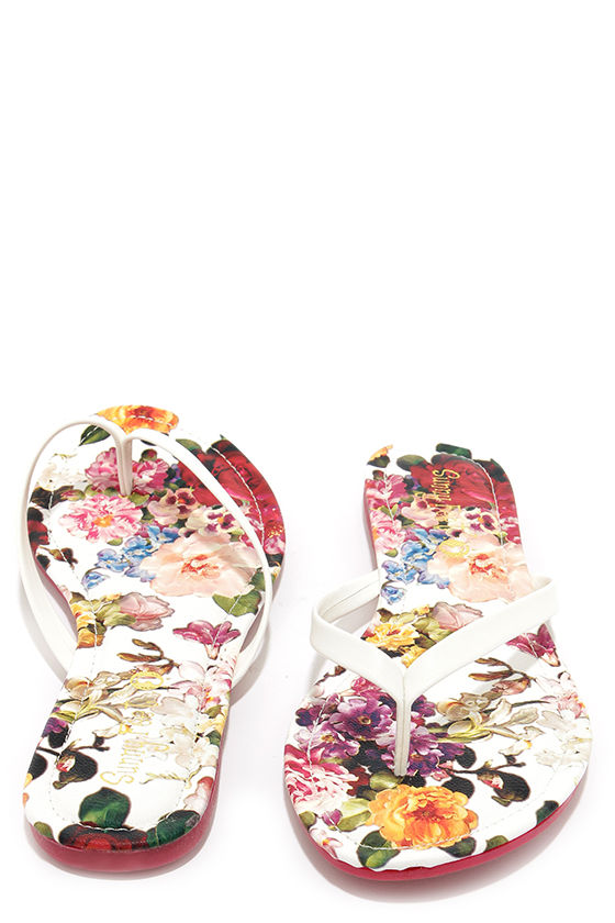 floral print flip flops