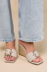 Giavanna Wheat Linen Raffia Buckle Wedge Sandals 1