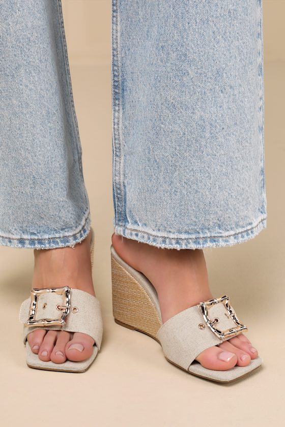 Giavanna Wheat Linen Raffia Buckle Wedge Sandals 1