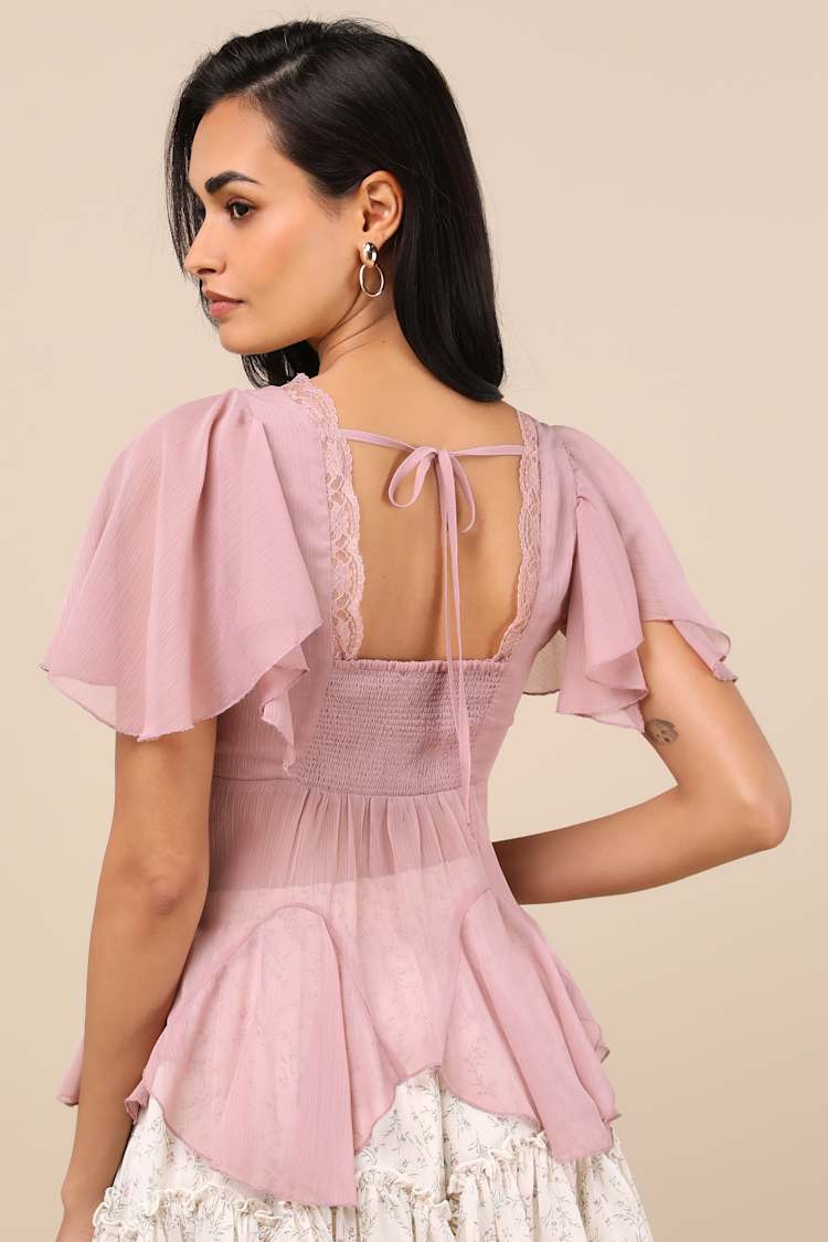 Elisae Mauve Pink Lace Pleated Flutter Sleeve Top
