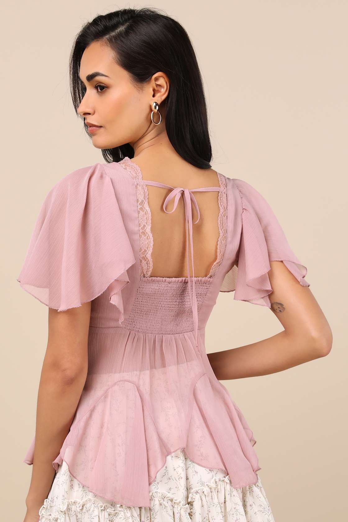 Elisae Mauve Pink Lace Pleated Flutter Sleeve Top
