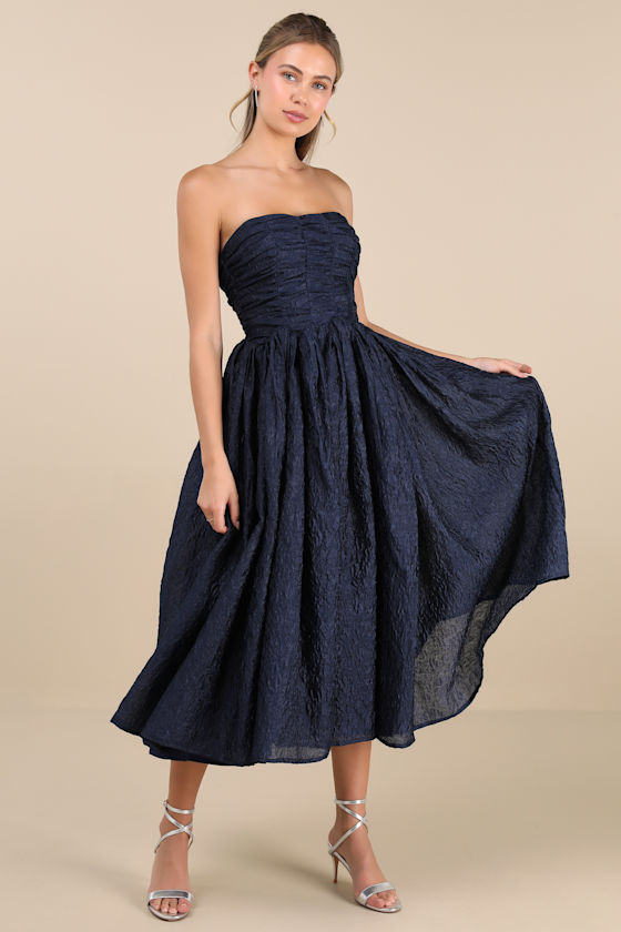 Shop Lulus Analeia Dark Navy Jacquard Lace-up Strapless Midi Dress
