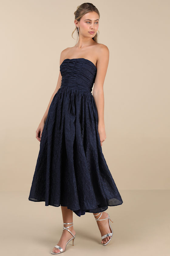 Shop Lulus Analeia Dark Navy Jacquard Lace-up Strapless Midi Dress