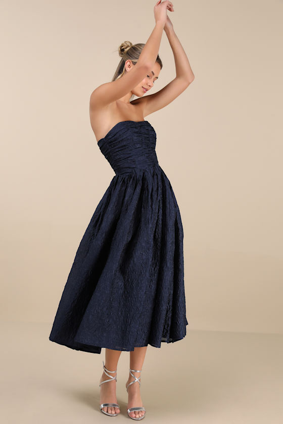 Analeia Dark Navy Jacquard Lace-Up Strapless Midi Dress 5