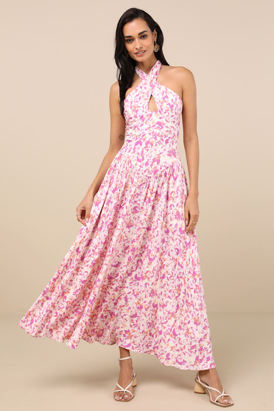 Lulus Jabina Ivory Multi Floral Cross-front Midi Dress In Ivory