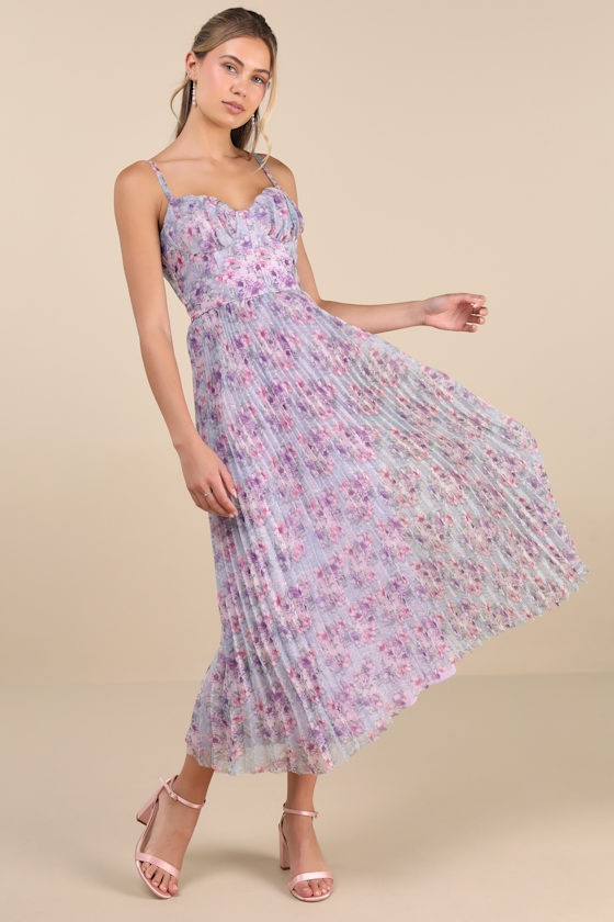 Lulus Alluring Invite Purple Multi Floral Pleated Bustier Midi Dress In Purple