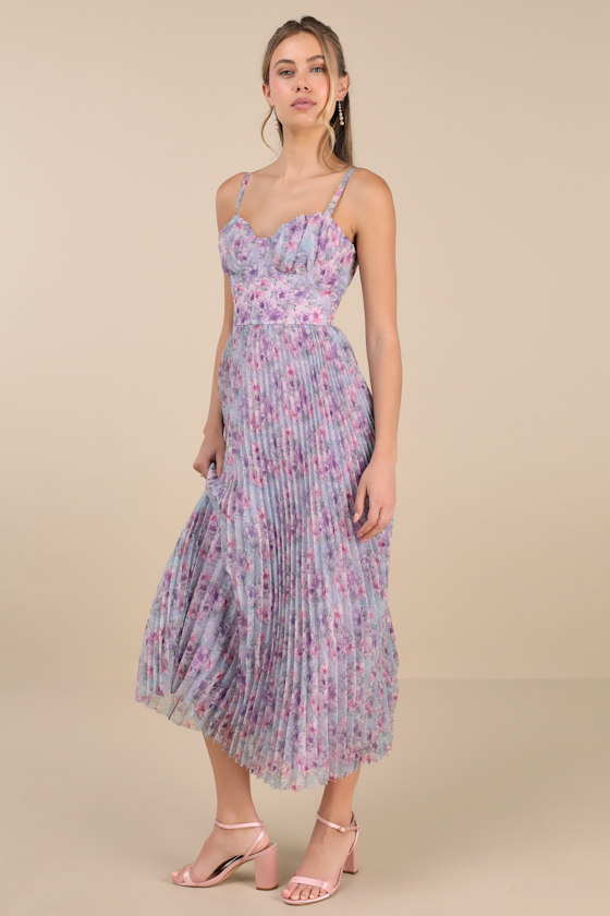 Lulus Alluring Invite Purple Multi Floral Pleated Bustier Midi Dress In Purple