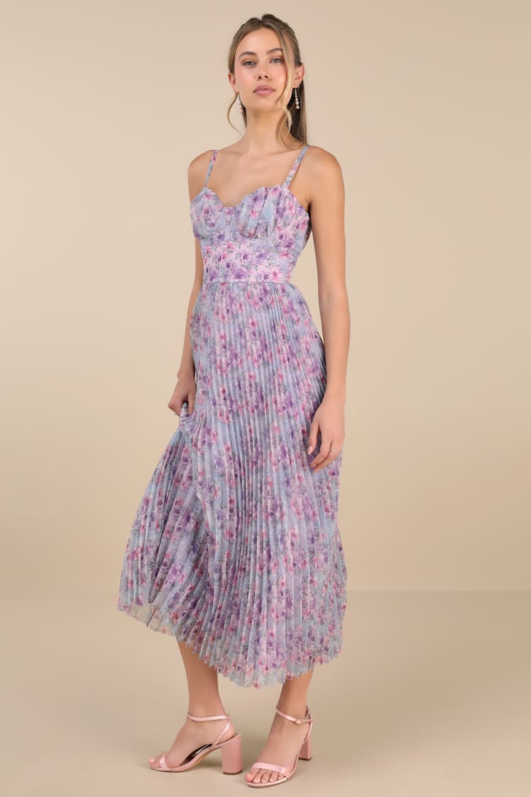 Alluring Invite Purple Multi Floral Pleated Bustier Midi Dress