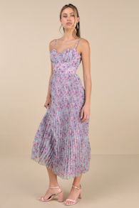 Alluring Invite Purple Multi Floral Pleated Bustier Midi Dress