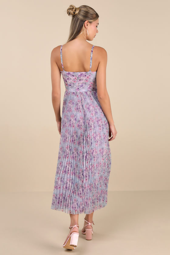 Lulus Alluring Invite Purple Multi Floral Pleated Bustier Midi Dress In Purple