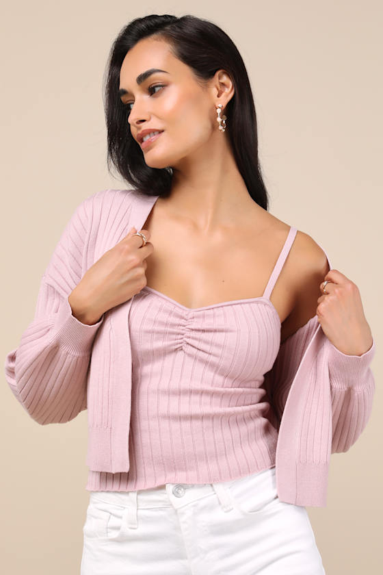 Cutest Duet Dusty Rose Knit Cami Top and Cardigan Sweater Set 6