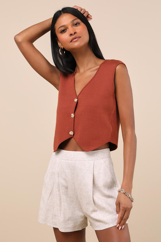 LULUS REANNA RUST BUTTON-FRONT SWEATER VEST TOP