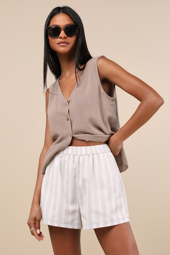 Classic Ivory and Beige Striped Linen Beach Shorts 2