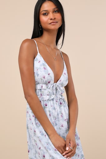 Sandi Light Blue Floral Tie-Front Midi Dress 2