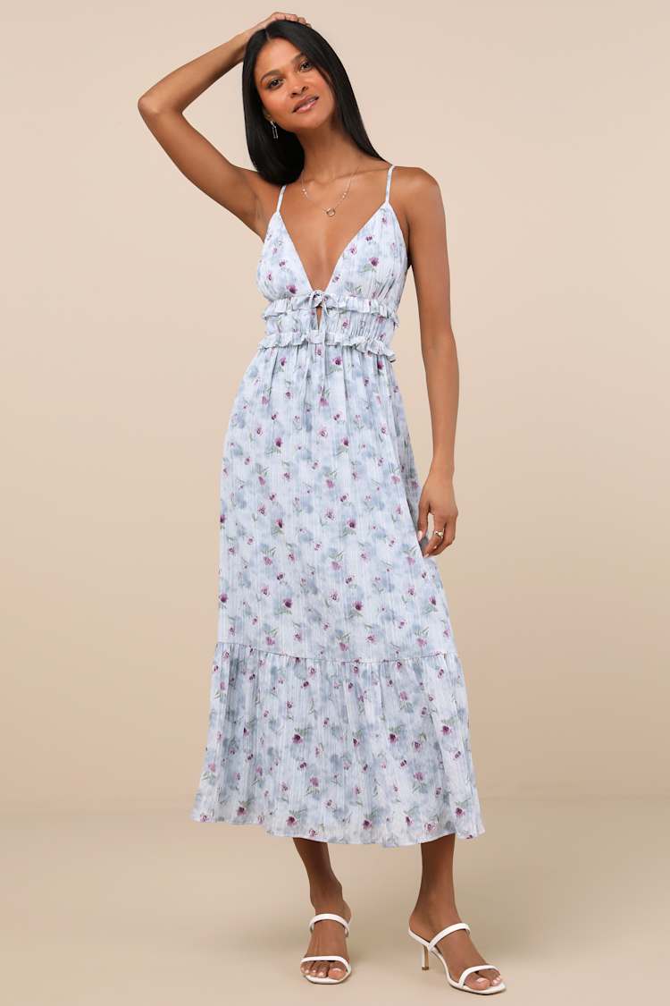 blue floral tie front dress Blue Floral Short Sleeve Midi Dress - All Dresses main image 1