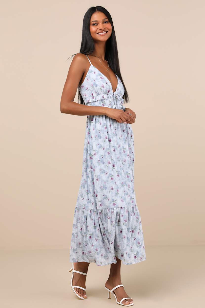 blue floral tie front dress Rihoas Floral Slip Maxi Dress V Neck Ruffle A-Line for Summer Vacation, Romantic Evening, Cocktail Party, Blue / M