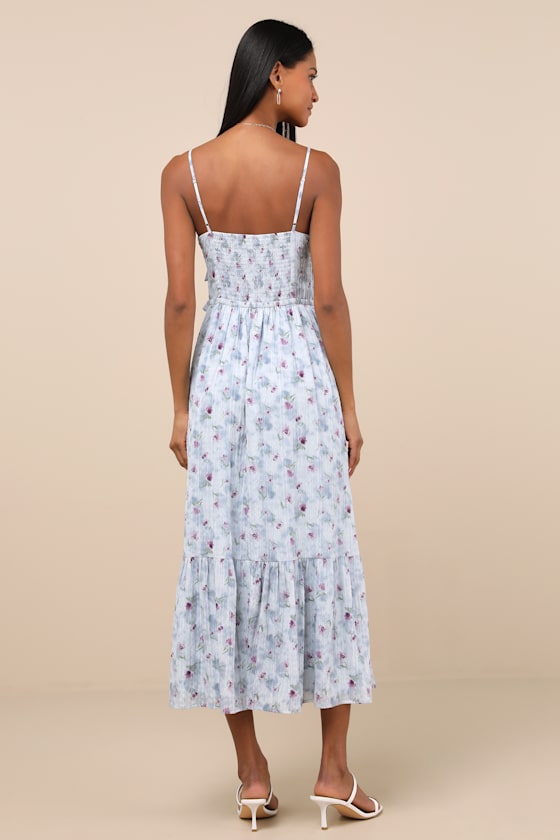 Lulus Sandi Light Blue Floral Tie-front Midi Dress In Light Blue