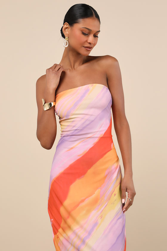 LULUS JAYLAH LAVENDER MULTI STRAPLESS MESH STRAPLESS MIDI DRESS