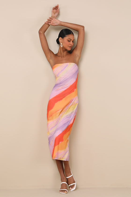 LULUS JAYLAH LAVENDER MULTI STRAPLESS MESH STRAPLESS MIDI DRESS
