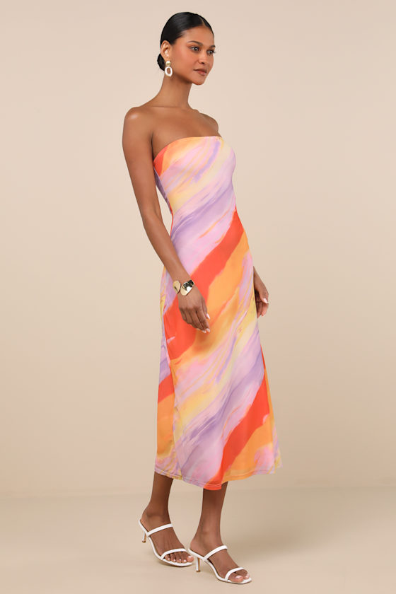 LULUS JAYLAH LAVENDER MULTI STRAPLESS MESH STRAPLESS MIDI DRESS