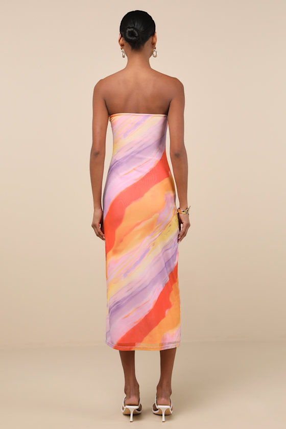 LULUS JAYLAH LAVENDER MULTI STRAPLESS MESH STRAPLESS MIDI DRESS