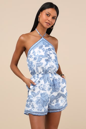 Moya Blue and White Floral Halter Romper 2