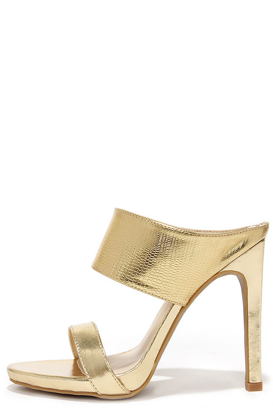 gold high heel mules