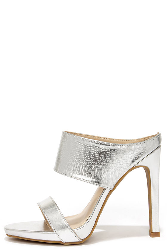 silver high heel mules