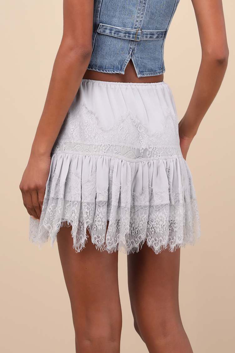 Cyla Dusty Blue Lace Tiered Mini Skirt