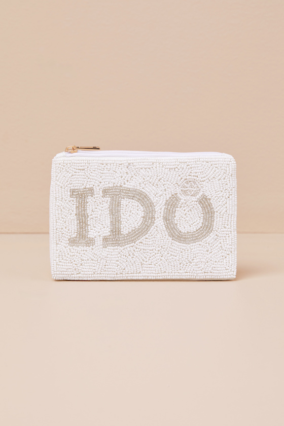 LULUS GLOWING VOW WHITE BEADED ZIPPER POUCH 