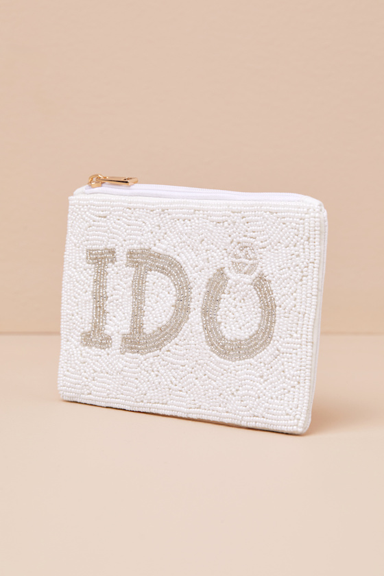 LULUS GLOWING VOW WHITE BEADED ZIPPER POUCH 