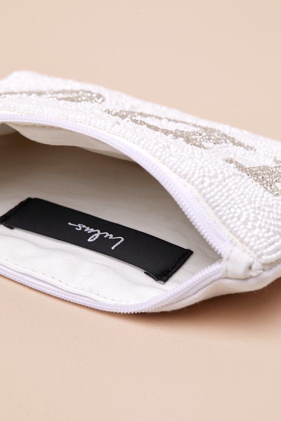 LULUS GLOWING VOW WHITE BEADED ZIPPER POUCH 