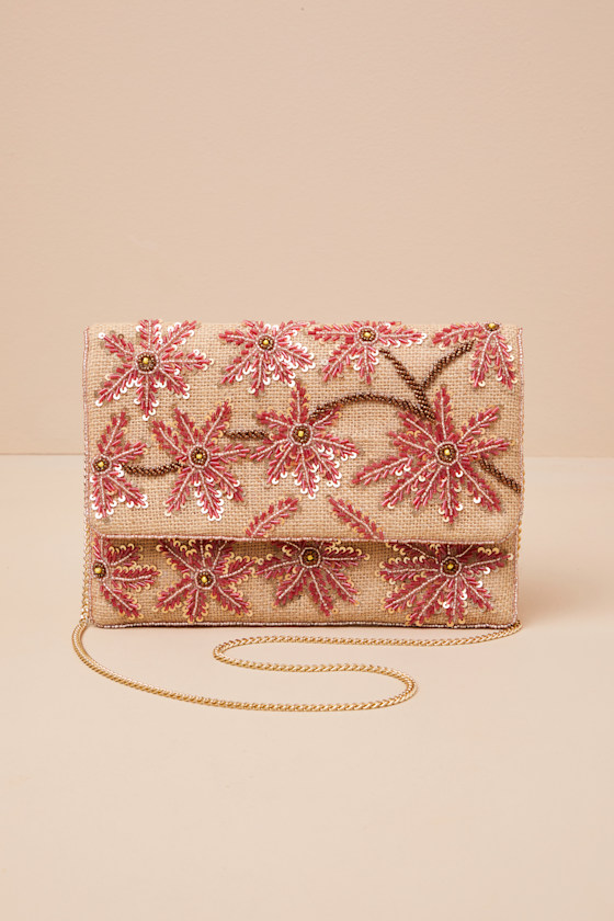 LULUS NERIAH BEIGE WOVEN SEQUIN BEADED CLUTCH