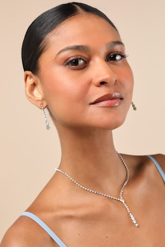 Solaris Silver Rhinestone Lariat Necklace and Earring Set 2