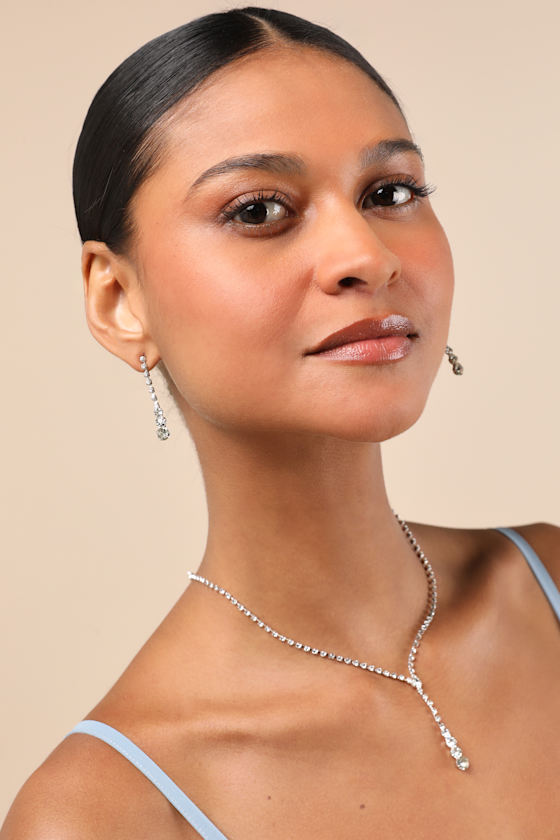 Solaris Silver Rhinestone Lariat Necklace and Earring Set 2
