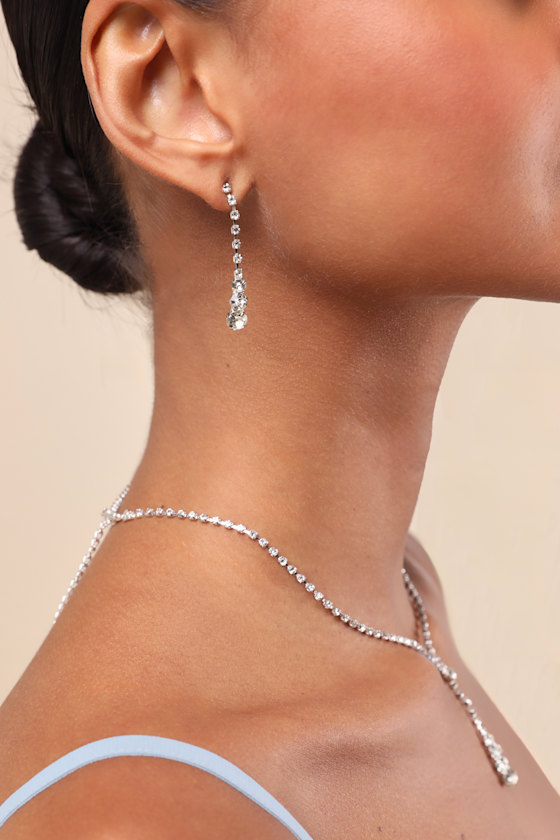 LULUS SOLARIS SILVER RHINESTONE LARIAT NECKLACE AND EARRING SET
