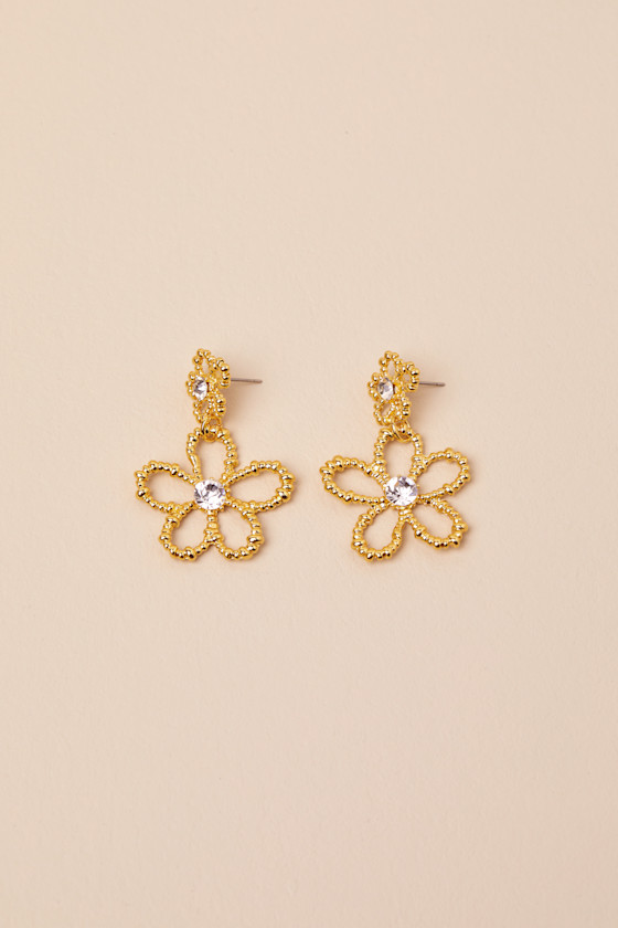LULUS LAVERNA GOLD BEADED RHINESTONE FLOWER EARRINGS
