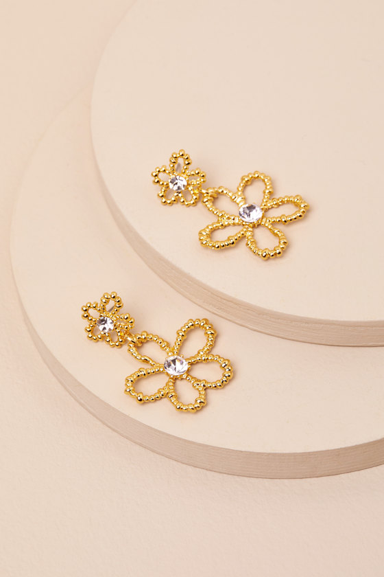 LULUS LAVERNA GOLD BEADED RHINESTONE FLOWER EARRINGS