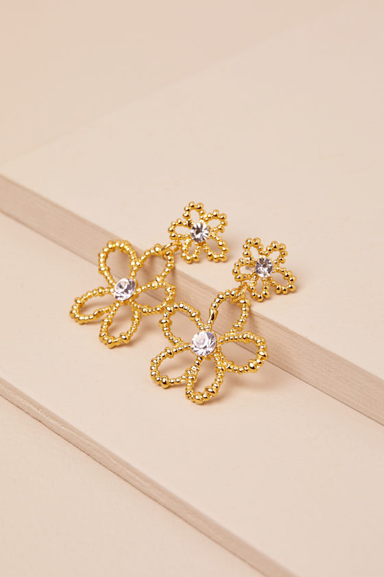 LULUS LAVERNA GOLD BEADED RHINESTONE FLOWER EARRINGS