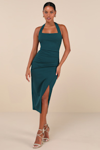 Prominent Charm Emerald Halter Bodycon Tulip Midi Dress 5