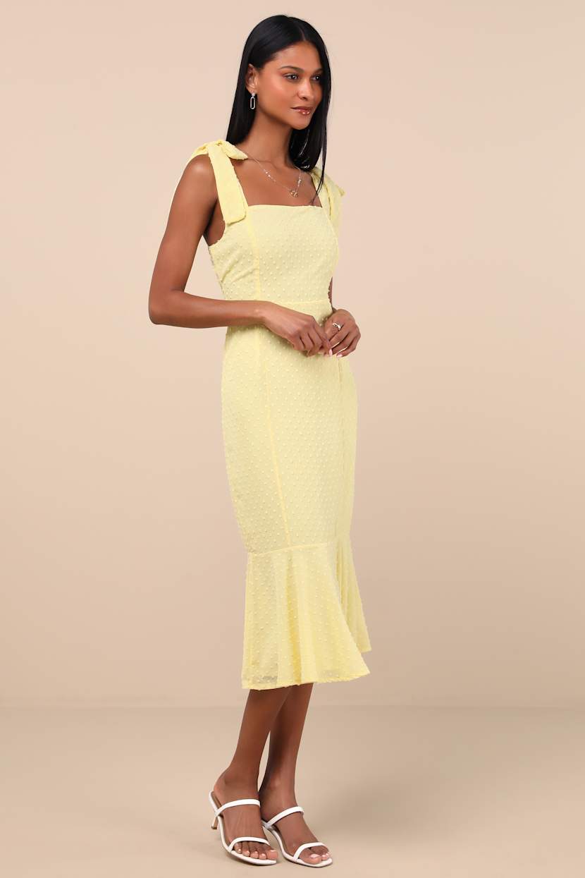 Light Yellow Swiss Dot Tie-Strap Midi Dress | Womens | X-Small (Available in M) | 100% Polyester | Lulus