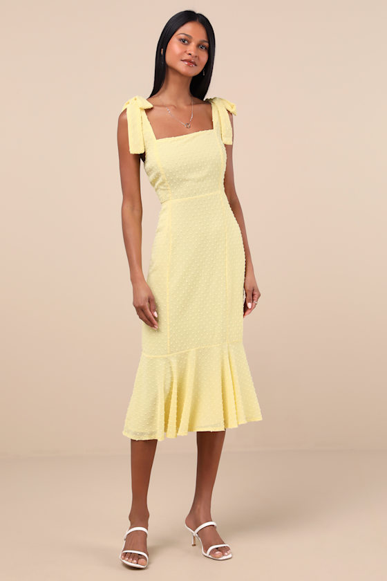 Shop Lulus Bimini Light Yellow Swiss Dot Tie-strap Midi Dress