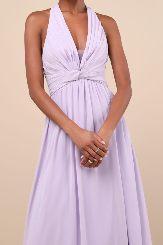 Lulus Marilina Lavender Pleated Twist-front Maxi Dress In Purple