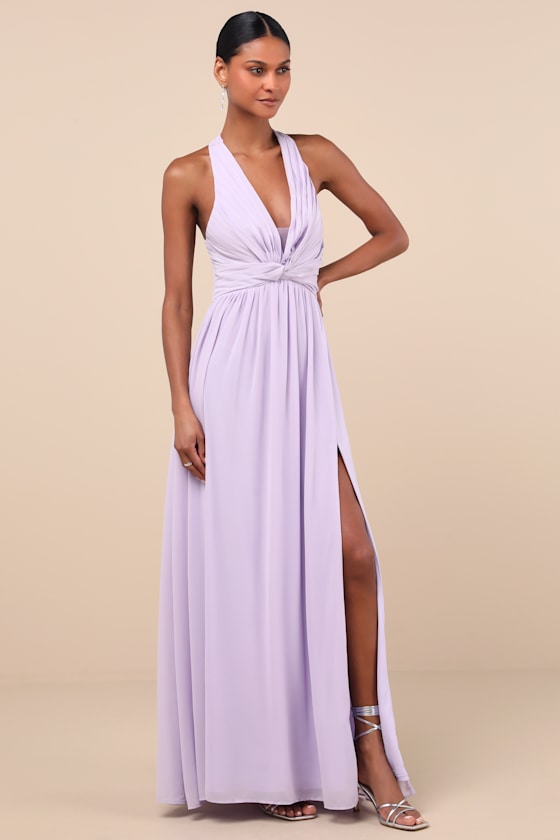 Lulus Marilina Lavender Pleated Twist-front Maxi Dress In Purple